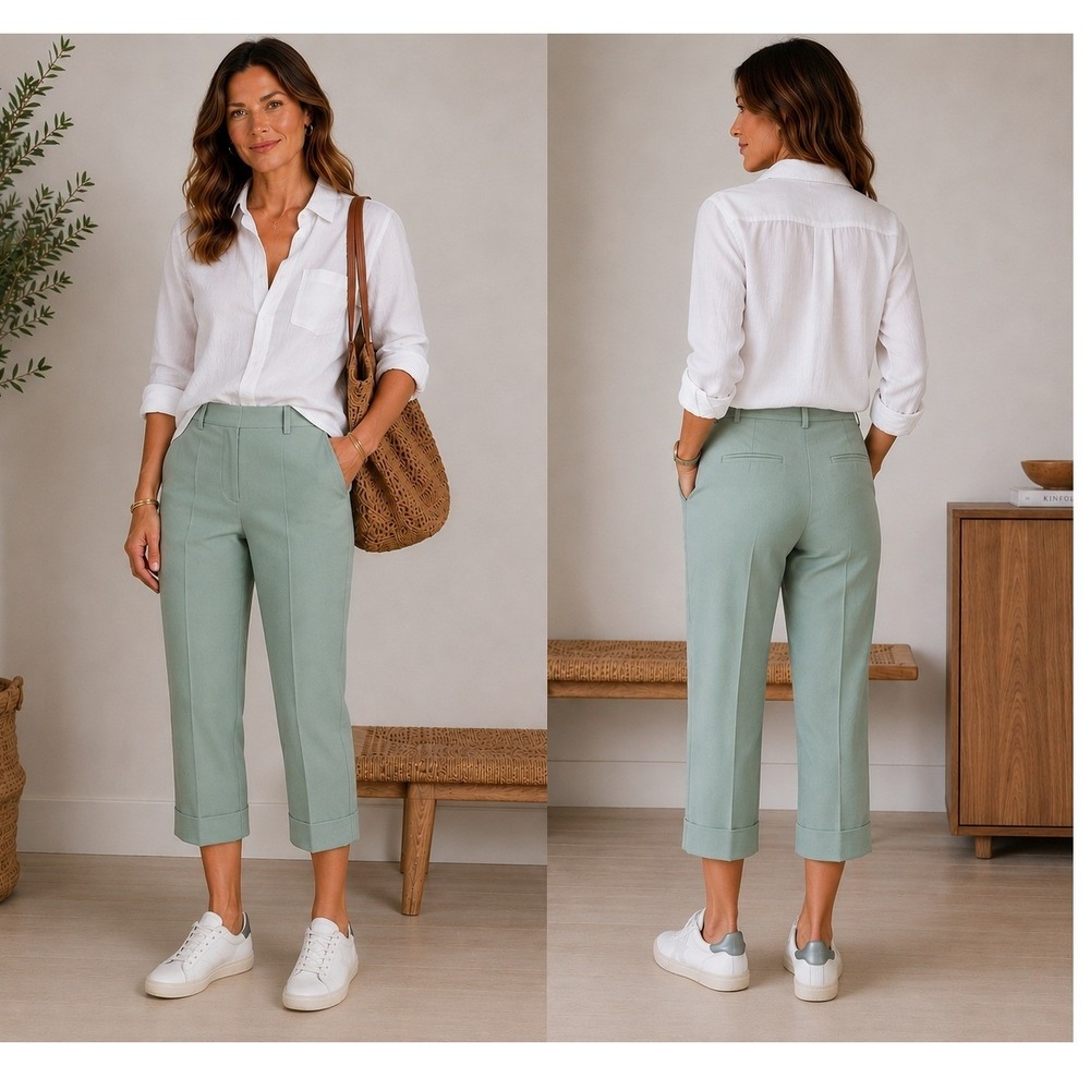 Theory Cuffed Cropped Wool Blend Dress Pants Trousers Sage Green Womens 6